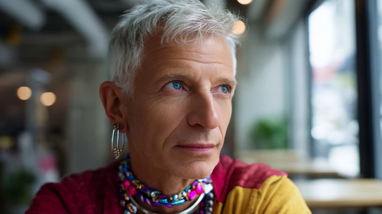 Un individuo riflessivo medita sulla vita in un accogliente bar, ornato di accessori colorati e abbigliamento vivace, mettendo in mostra un'espressione e uno stile unici.