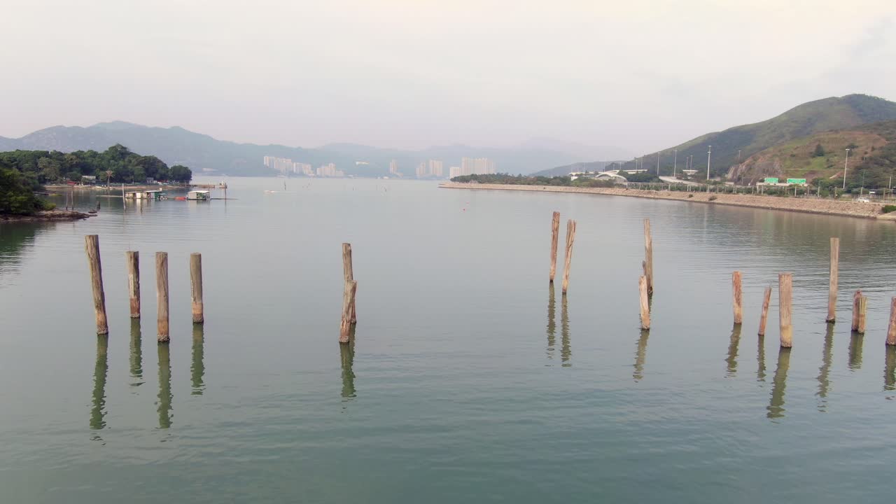 bahía escondida de hong kong en la isla de lantau con viejos troncos de árboles que sobresalen del agua, vista aérea