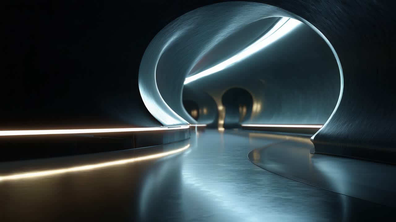 Futuristisk design: En elegant, buet tunnel oplyst af bløde lys, der viser moderne arkitektur og flydende linjer i et mørkt, minimalistisk miljø