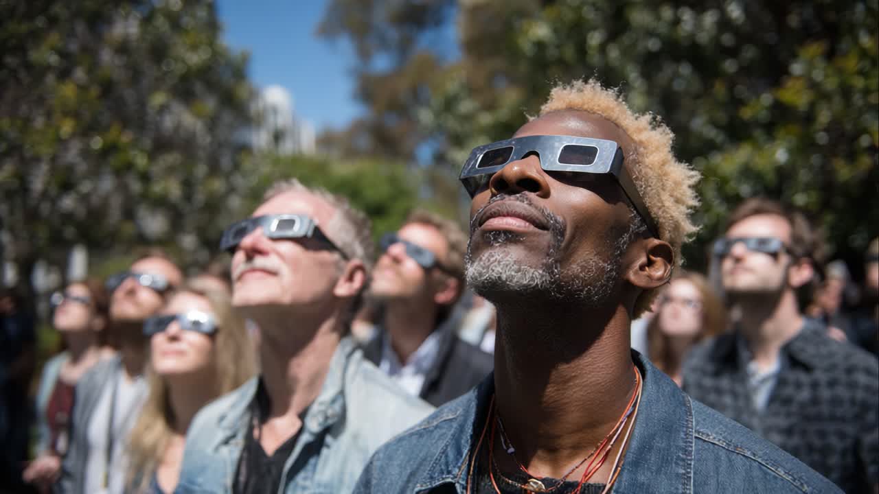 Enthralled Spectators Gaze Skyward During Celestial Event, Wearing Protective Glasses to Safely Observe the Unfolding Cosmic Phenomenon Under a Clear Blue Sky