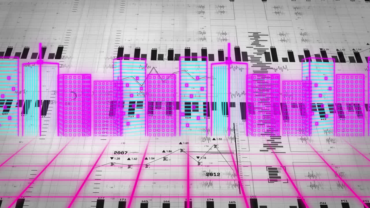 Creating animation of bar graphs and data charts with neon pink and blue overlay