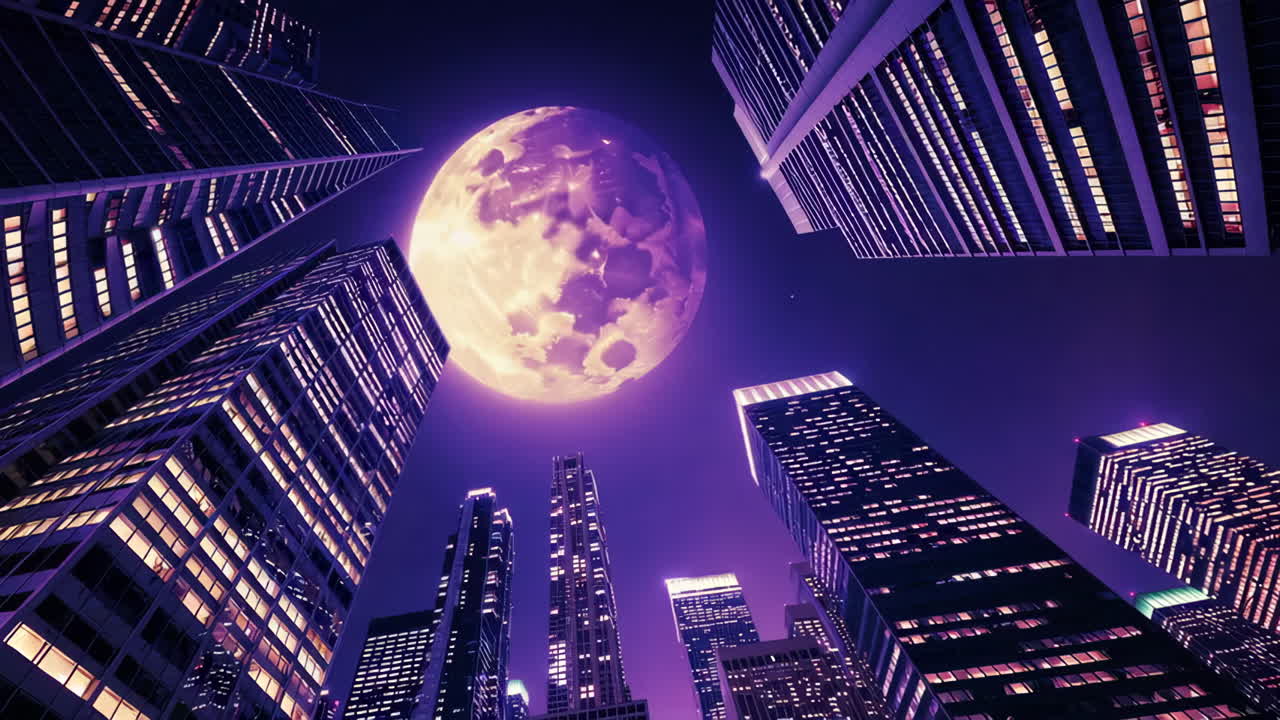 City at Night with a Large Moon