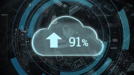 Animation-of-scope-scanning-and-cloud-icon-with-growing-number-over-cityscape