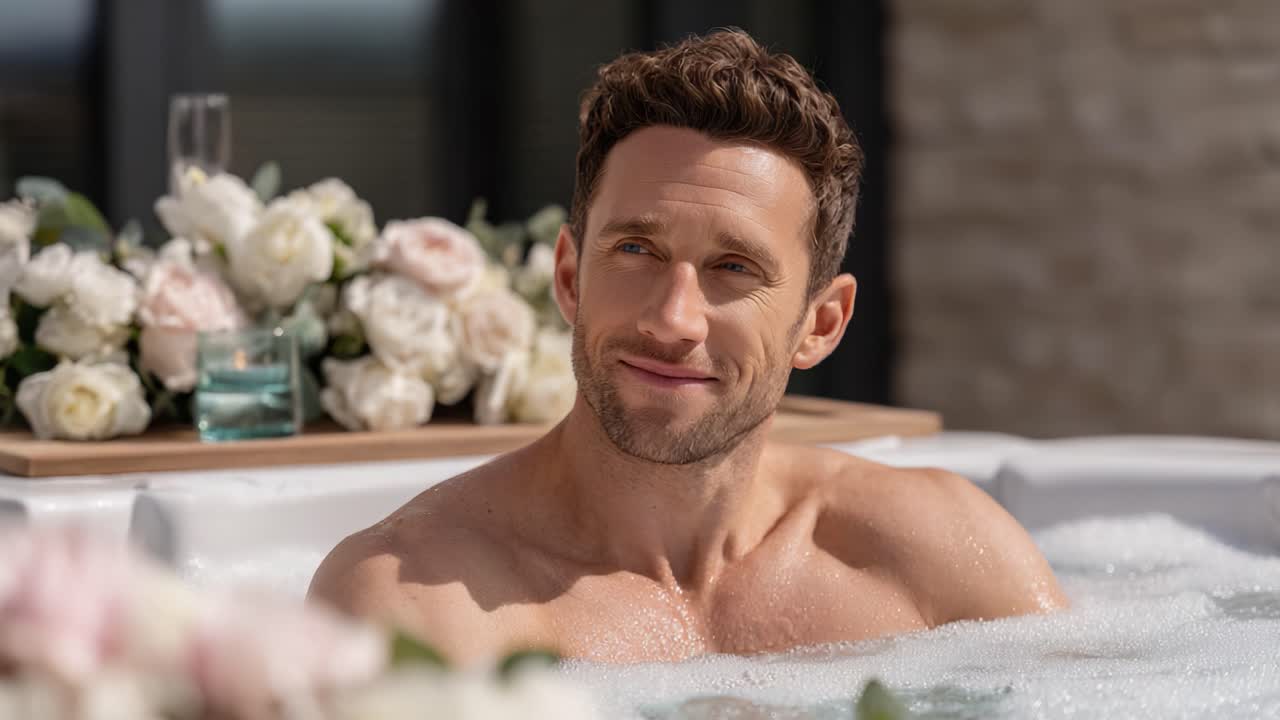 A Relaxing Moment in the Hot Tub: Enjoying Serenity with Nature's Beauty Surrounding a Calm Individual in a Floral Setting