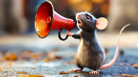 a mouse with a megaphone in its mouth standing on the ground