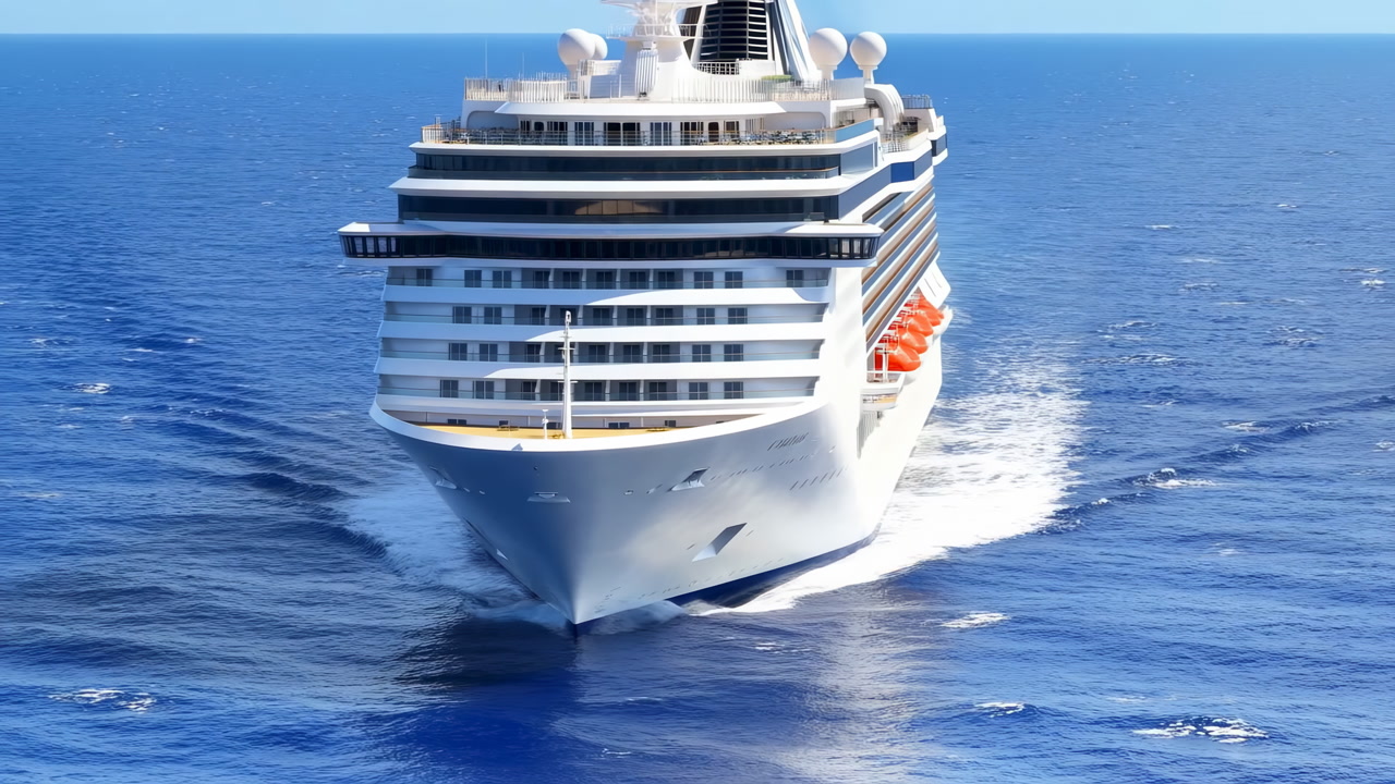 Luxury Cruise Ship Bow Cutting Through Ocean, Frontal Aerial Shot Of White Liner Creating Dramatic Wake, Clear