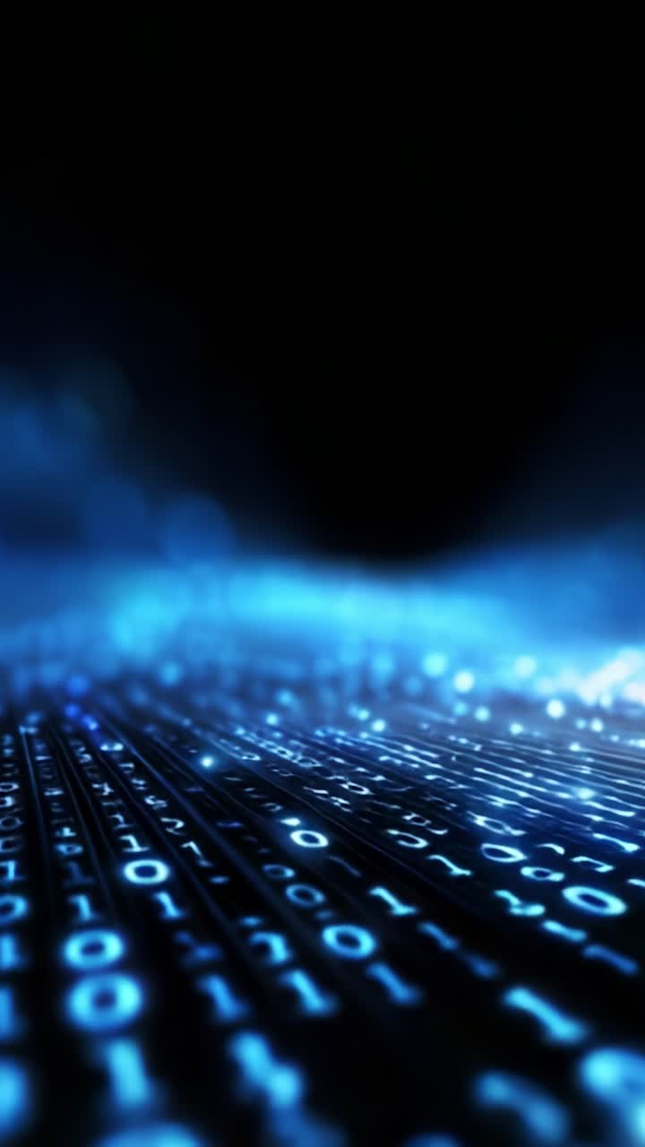 Componentes visuales dinámicos de código binario azul que representan el flujo de datos en un universo digital con efectos de luz y presentación de profundidad en dos fotogramas