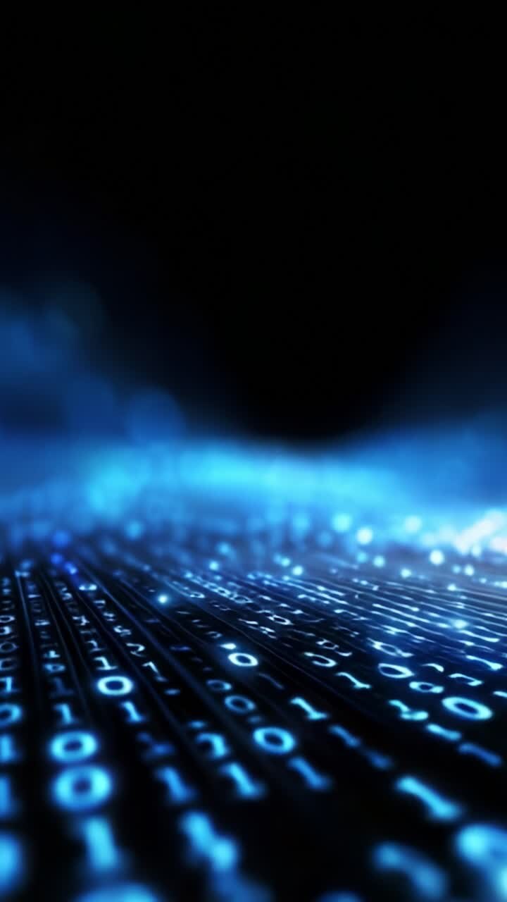 Componentes visuales dinámicos de código binario azul que representan el flujo de datos en un universo digital con efectos de luz y presentación de profundidad en dos fotogramas