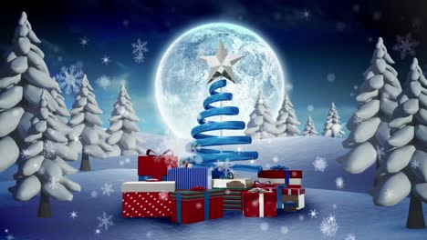 animación del árbol de navidad y regalos sobre luna llena y paisaje de invierno