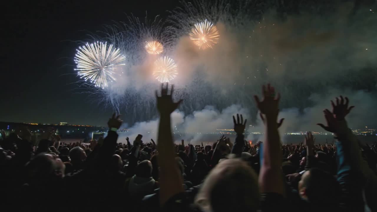 First shell launching fireworks bursting over water, spectators raising smartphones recording show