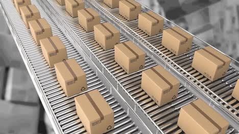 Animation-of-cardboard-boxes-moving-on-conveyor-belts-over-warehouse