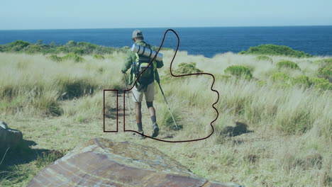 walking through grassy landscape, hiker with backpack and red thumbs-up animation