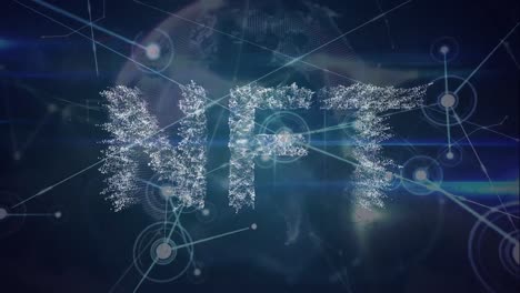 animation of network of connections over nft text and globe on black background