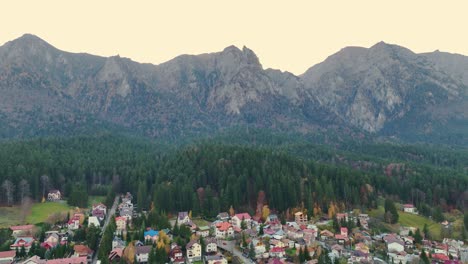 pequeño pueblo de busteni con densos bosques y montañas bucegi en el fondo en muntenia, rumania