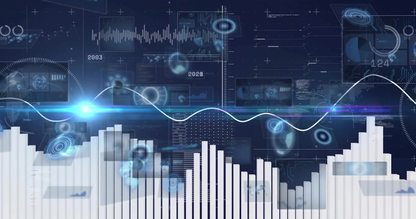 Bar chart columns being visualized in holographic interface, showing charts, nodes, world map