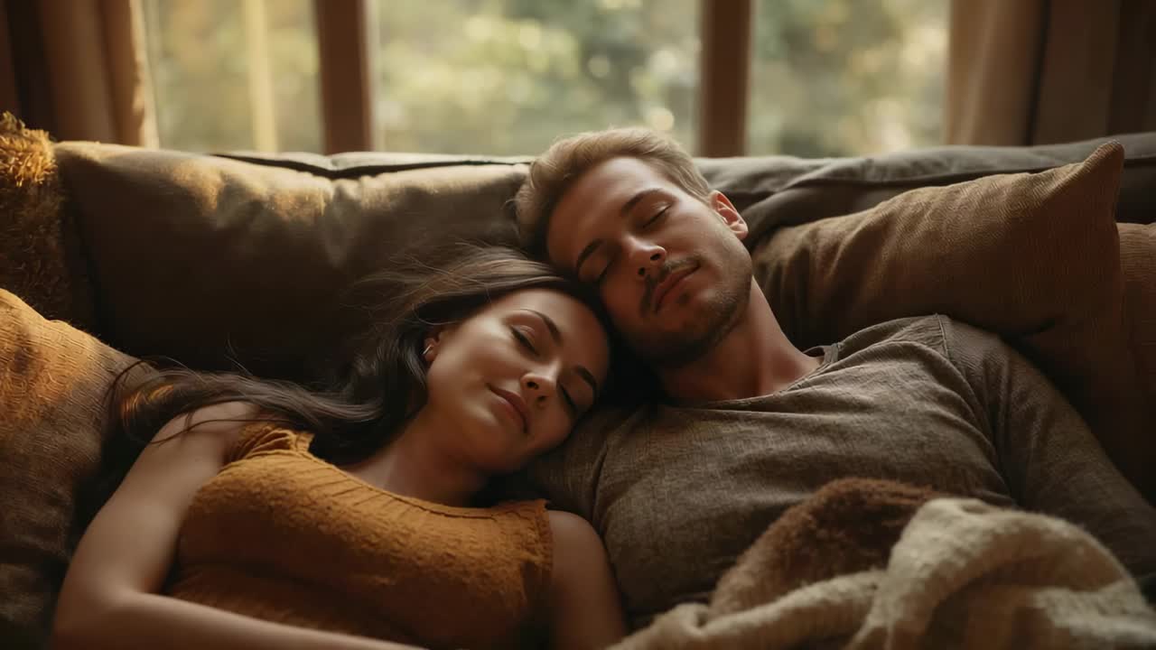 Resting couple mustard top, gray tee, tired woman resting head on man on couch under blanket