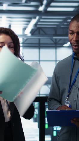 Vertical video Data center management executives reading paperwork files