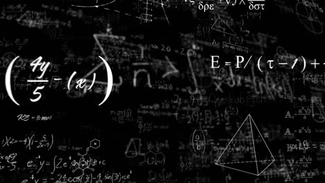 Animation-of-mathematical-equations-and-data-processing-on-black-background