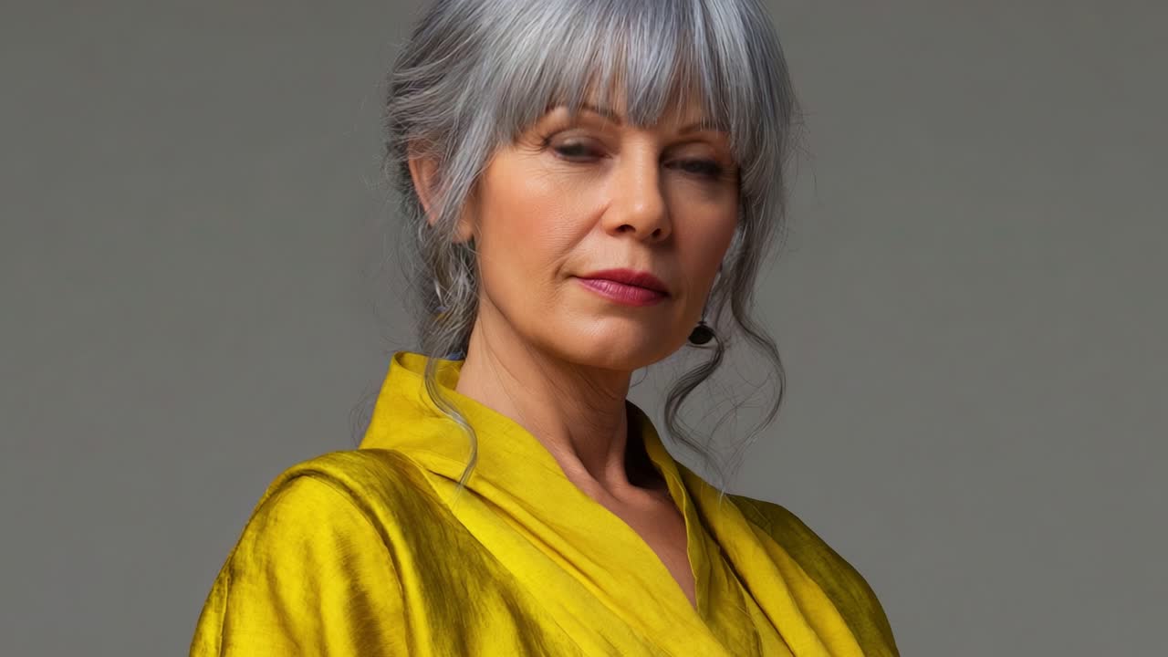 Un retrato cautivador de una mujer con cabello plateado vestida con un atuendo amarillo vibrante, que irradia confianza y elegancia en un entorno minimalista.