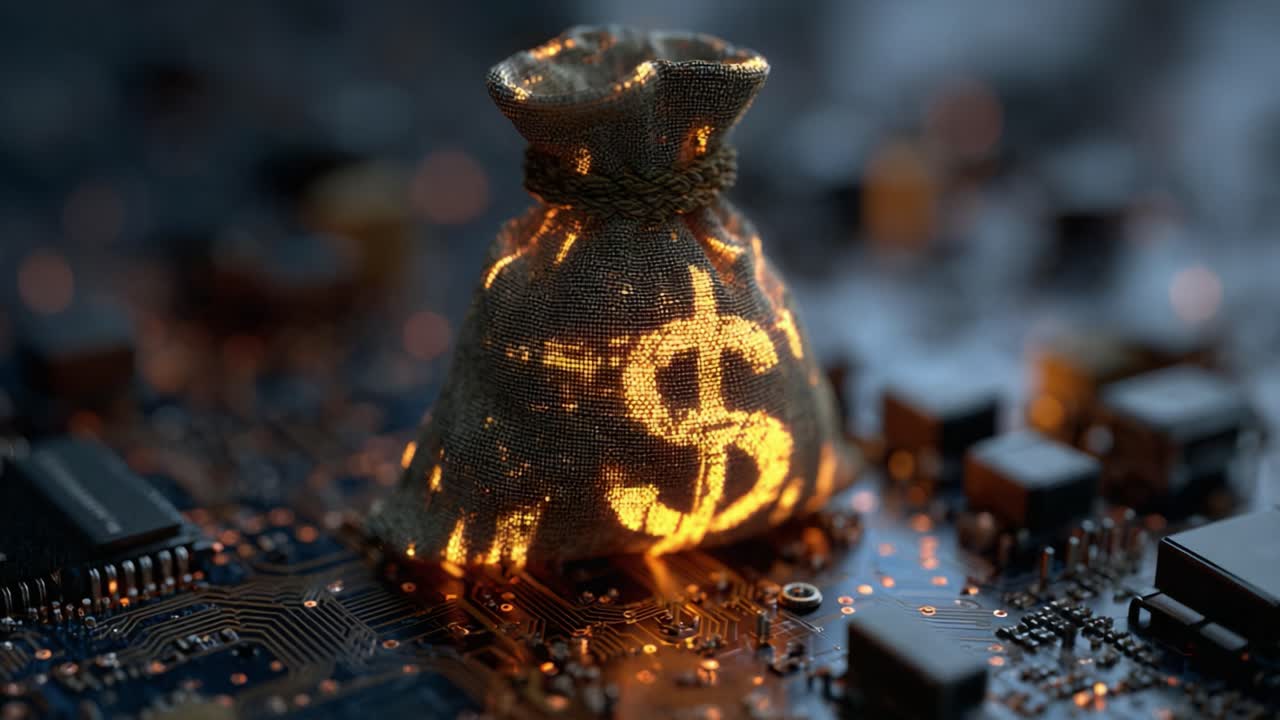 A Glowing Money Bag on a Circuit Board: The Intersection of Digital Currency and Technology in a Modern Financial Landscape