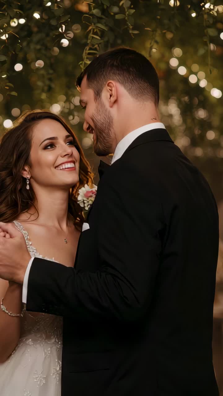 Vertical video: Dancing bride and groom turning at venue for wedding holding hands in gown and tux