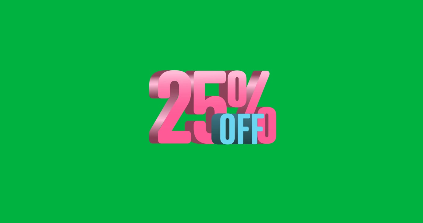 Animazione digitale di un banner di testo con sconto del 25% su sfondo nero