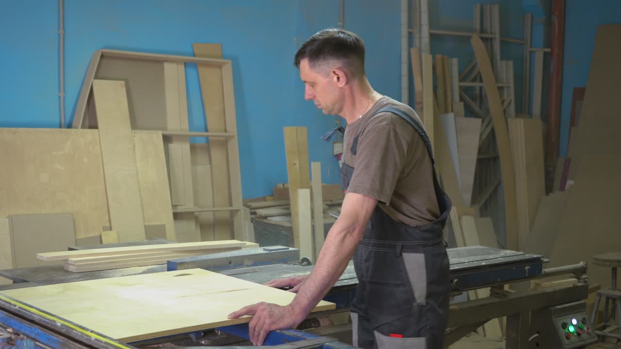 un carpintero corta madera con una sierra circular en una carpintería. fabricación de muebles.