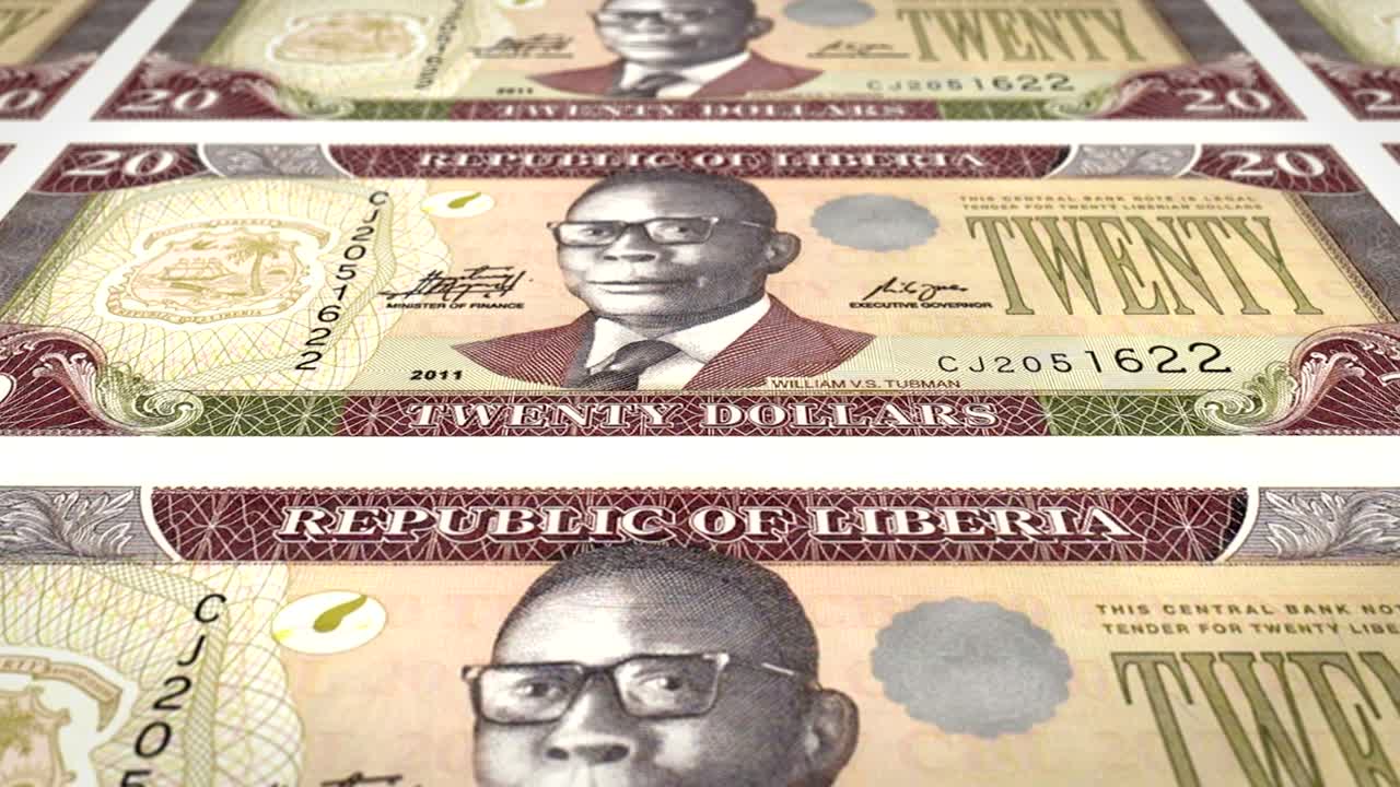 billetes de veinte dólares del banco de liberia rodando en la pantalla, monedas del mundo, dinero en efectivo, bucle