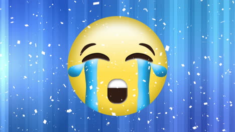 animation of sad emoji icon over falling confetti on blue background