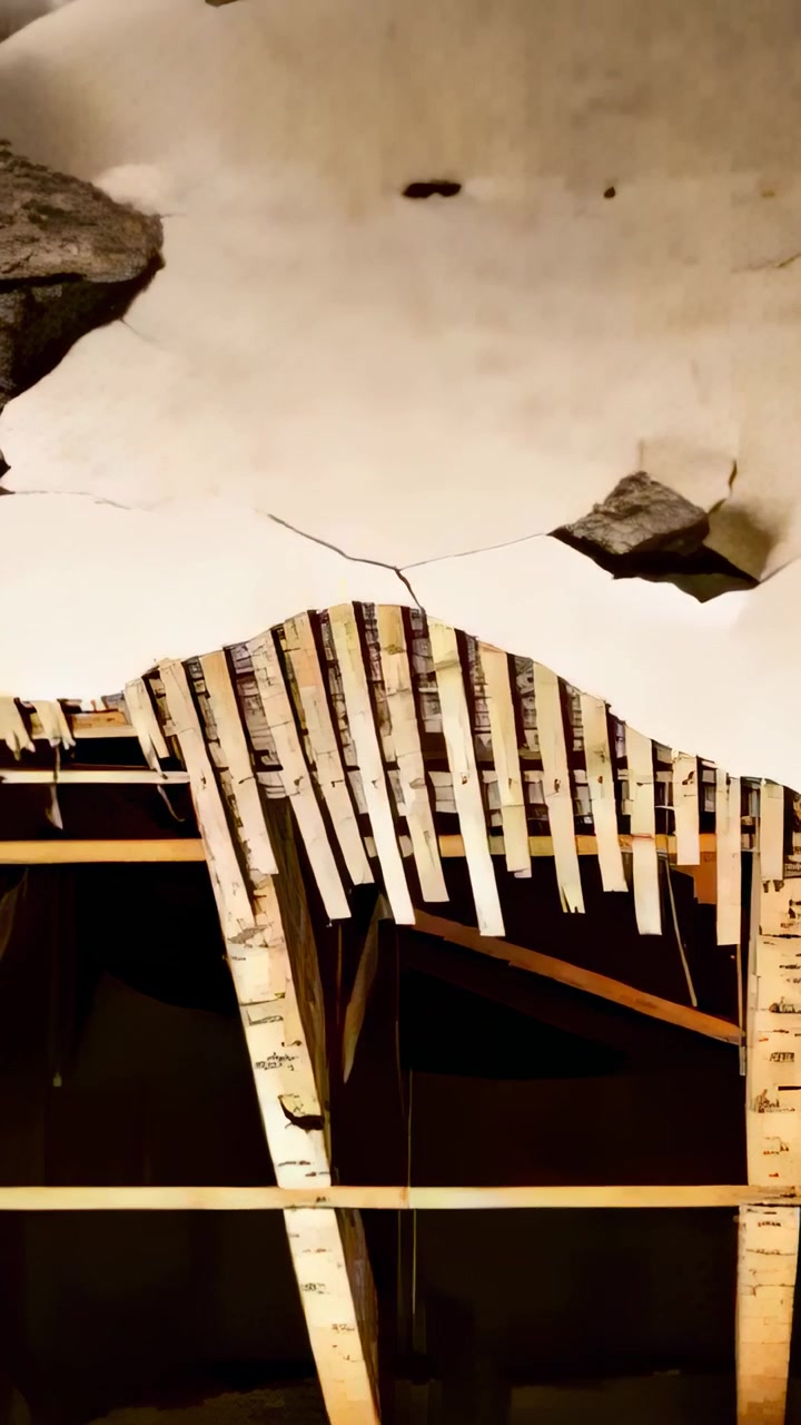Video verticale: Telecamera che si inclina ispezionando un soffitto in gesso danneggiato in una stanza, esponendo le listelle pendenti.