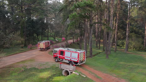 emergency fire trucks on rural dirt road in forest conservation area, aerial view