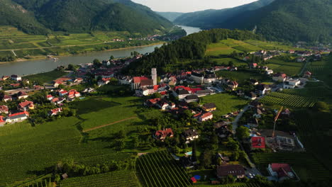 un suave empuje aéreo y se eleva sobre el centro de la ciudad de spitz austria y los viñedos, estableciendo una visión general