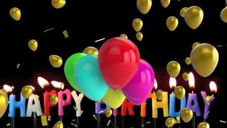 animación de globos coloridos flotando y confeti dorado cayendo sobre velas de feliz cumpleaños