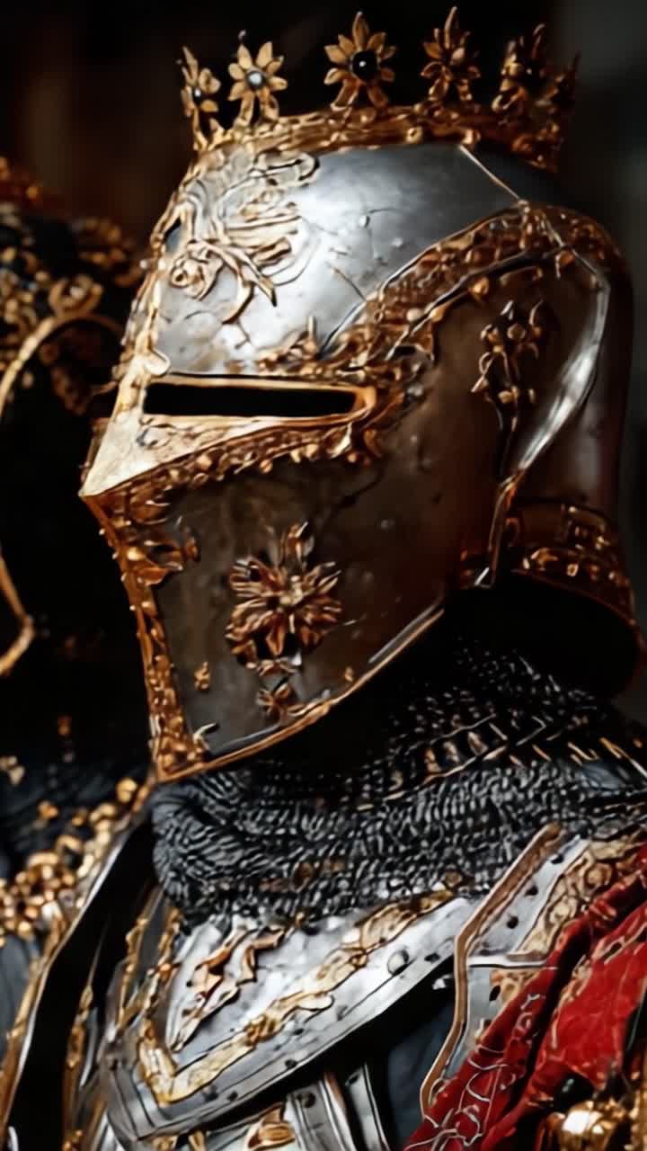 Una majestuosa armadura de caballero: Detalles intrincados de elaborados adornos dorados en un casco de caballero, mostrando el arte de la artesanía de armaduras medievales.