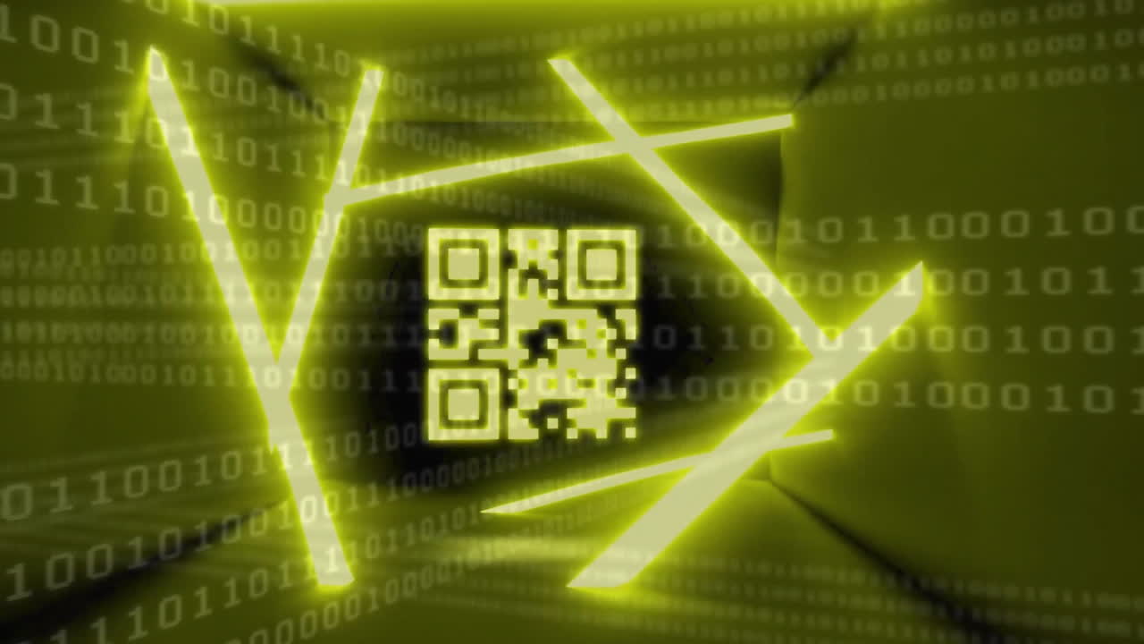 Animation of qr code and binary coding data processing over glowing neon lines