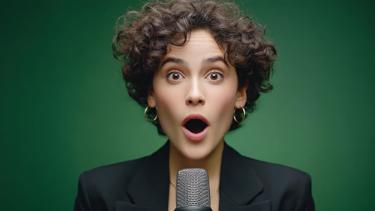 A Captivating Expression: A Woman with Curly Hair Engages the Audience with a Microphone in Two Dynamic Frames, Conveying Surprise and Emotion in a Green Backdrop