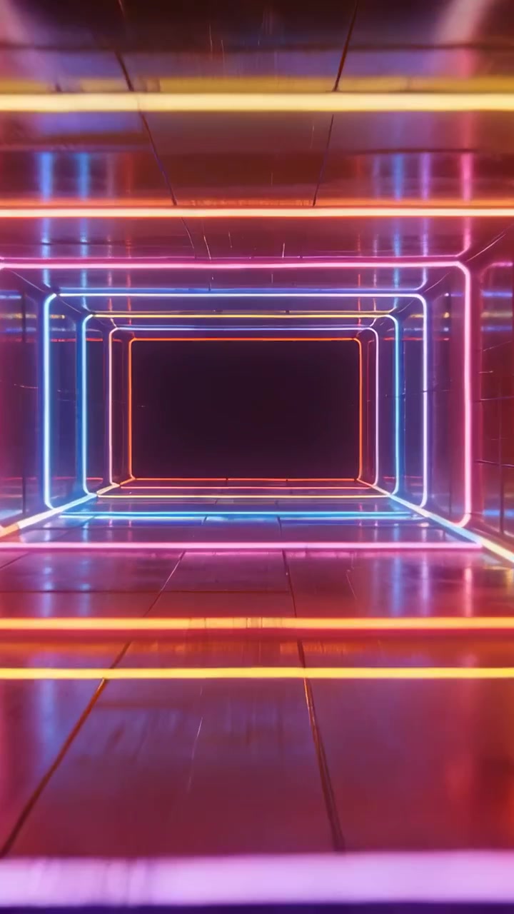Video verticale: Zoom della telecamera su cornici al neon verso un vuoto scuro in un corridoio al neon che si riflette sulle piastrelle.