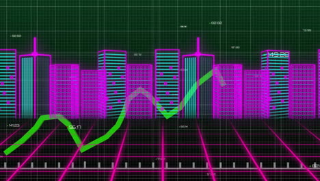 Animation-Der-Grünen-Linie-Und-Datenverarbeitung-über-Gitter-Und-Stadtbild