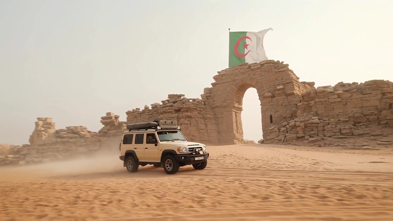 Soldan giren, tavan bagajlı 4x4 SUV kemere doğru ilerliyor, beyaz araca ulaşıyor, Cezayir bayrağı.