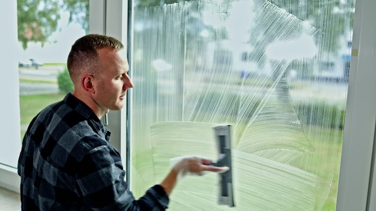 Un homme lave les vitres chez lui. Nettoyage de fenêtres. Maintien de la propreté à la maison. Une solution savonneuse est pulvérisée sur la fenêtre. Verre transparent. Raclette de nettoyage de vitres