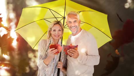 Senior-couple-with-autumn-leaves-standing-with-yellow-umbrella-in-autumn-forest-4k