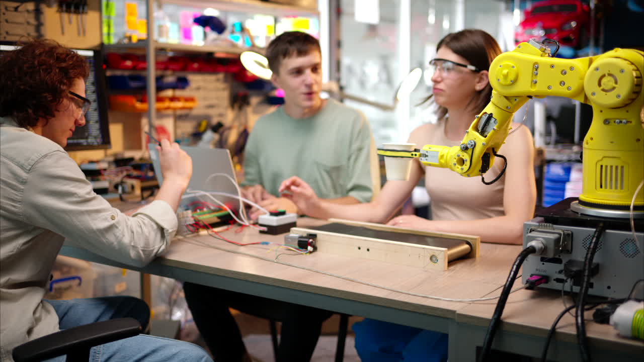 Young happy engineers programming an yellow robotic arm in the workshop to grab cardboard water glass, computer programming training for coffee preparation, celebrating success