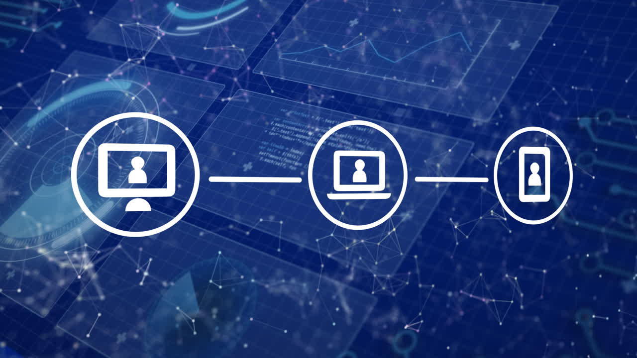 animación de iconos de medios sobre el procesamiento de datos en fondo azul