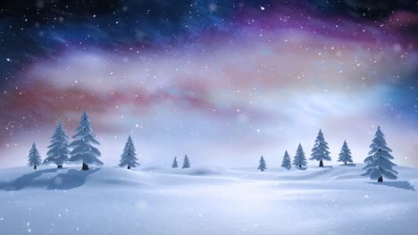 Animation-Von-Schnee,-Der-über-Den-Hintergrund-Der-Weihnachtlichen-Winterlandschaft-Fällt