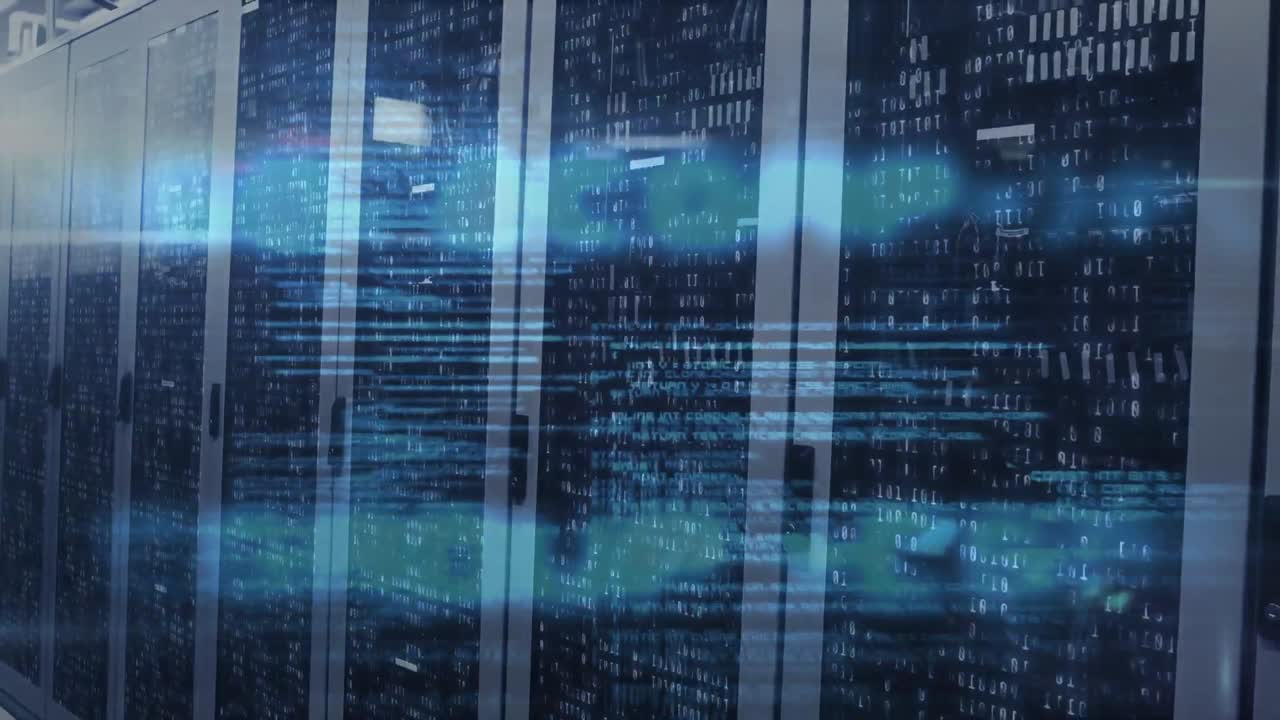 Animation of network of icons and connections, data processing and digital information in a server r