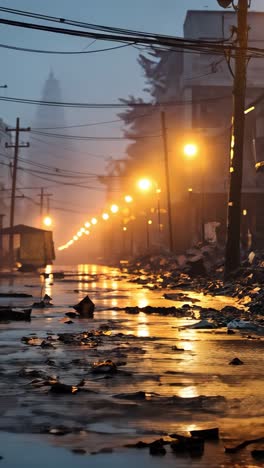 urban street after a severe storm with debris and streetlights glowing
