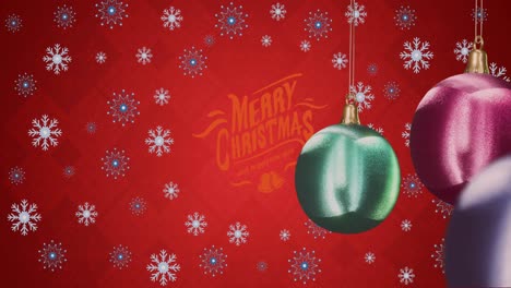 Animation-of-merry-christmas-text-in-red-and-shiny-baubles-over-blue-snowflakes-on-red-background