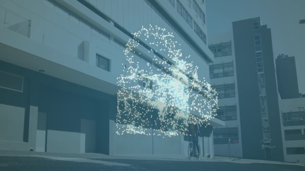 Animazione di una rete di connessioni che formano un'icona di cloud e lucchetto di sicurezza sullo sfondo di grattacieli