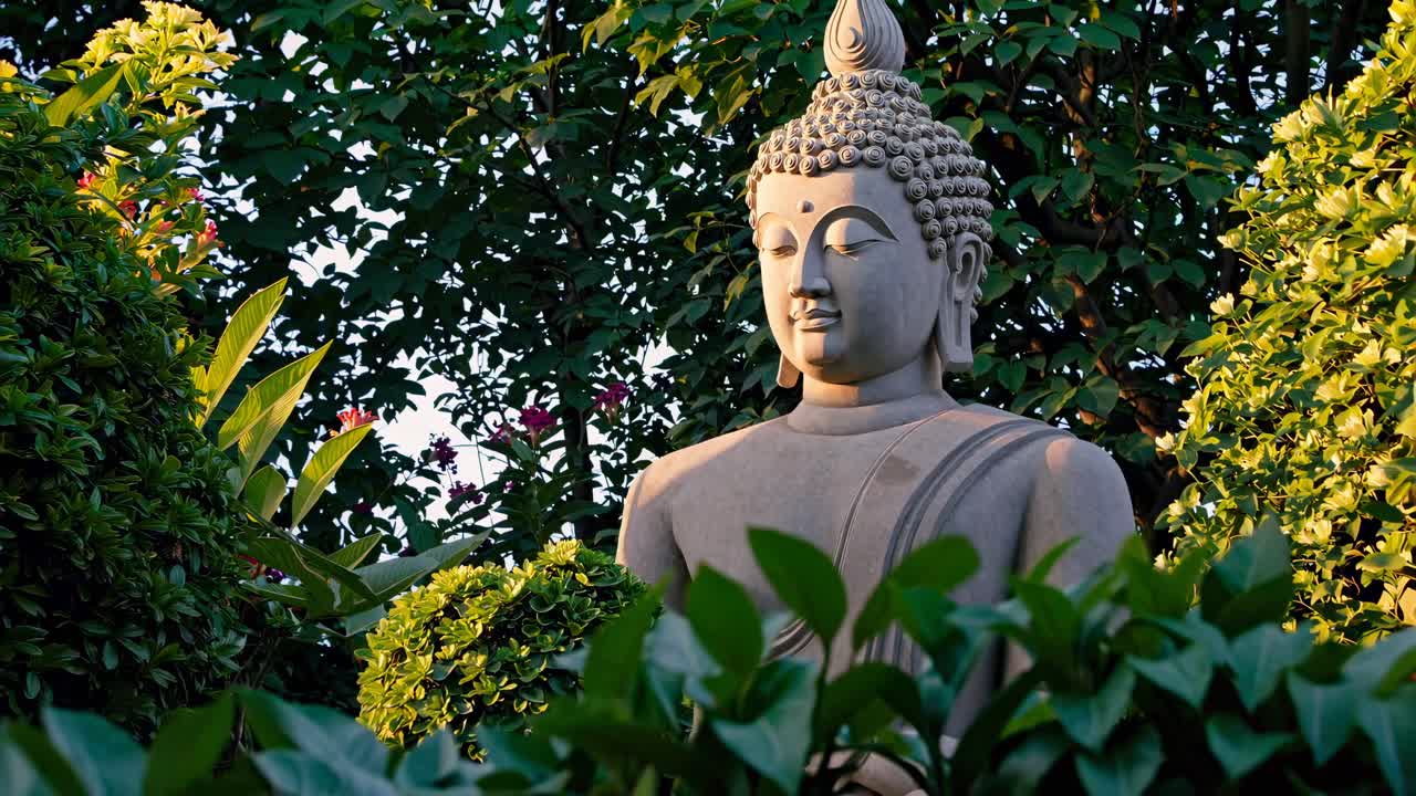 A serene Buddha statue surrounded by lush greenery, captured at eye level