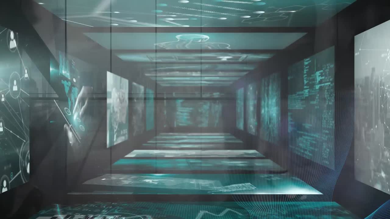 빠른 동작으로 걸어가는 보행자 위의 화면에서 데이터 처리의 애니메이션